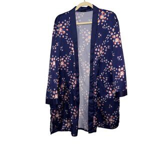 Morgan Lane Fabfitfun Floral Kimono Robe Navy Womens Open Front Pockets L/XL
